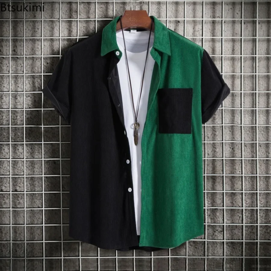 New Men's Corduroy Short Sleeve Shirts Fashion Patchwork Lapel Striped Shirts Coats Men Casual Loose Colorblock Tops Blouse