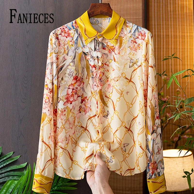 

FANIECES Flower Print Women's Shirt Spring Autumn Long Sleeve Blouses Vintage Female Tops blusa mujer moda 2023 قمصان وبلوزات