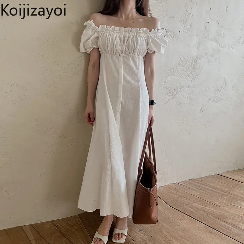 

Koijizayoi Women Solid Sweet Maxi Dress Lady Wedding White Dresses Chic Sexy Summer Short Sleeves Vestidos Outwear Tops New