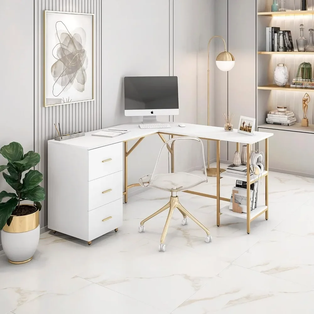 L Shaped Desk Two-Toned Computer Desk Drawers Storage Shelves Sturdy For Home Office Writing