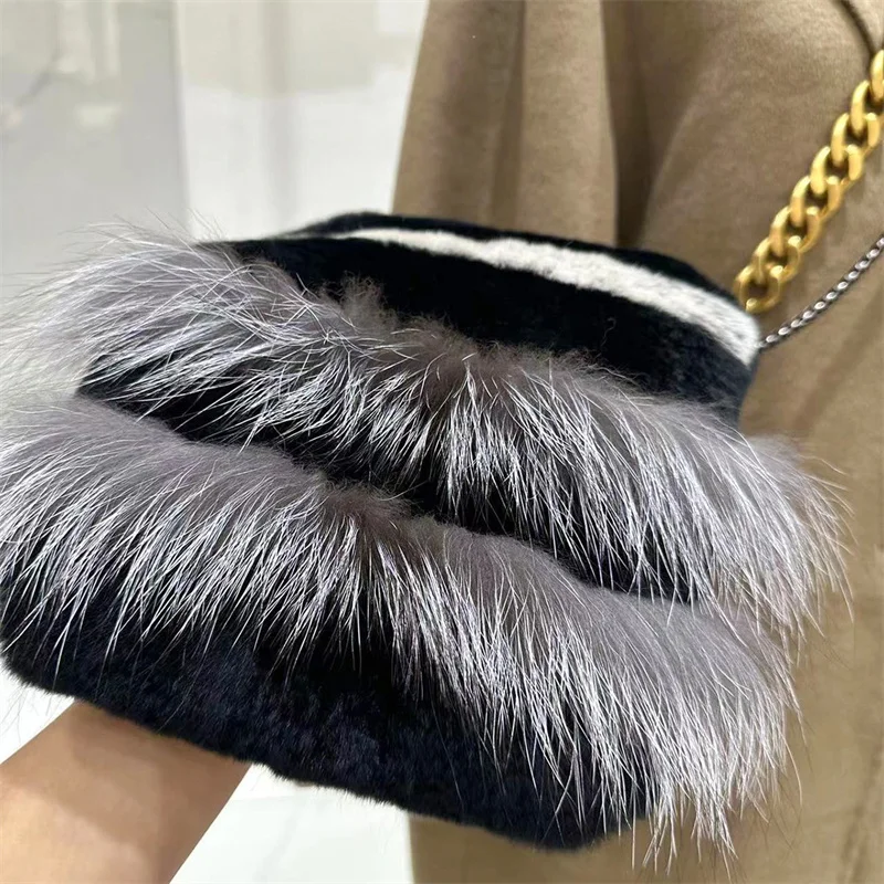 Winter Fashion Plush Tote Bag Rex Rabbit Fur Large Capacity Tote Bag Women's High Quality Plush Chain Crossbody Bag