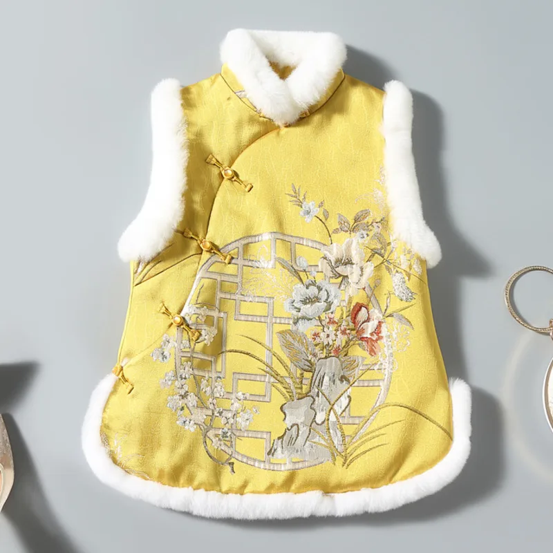 

Winter Chinese Yellow Short Vest Women Sleeveless Padded Jacket Traditional Ethnic Style Vintage Gilet Tang Suit China Clothing