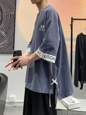 Half-sleeved T-shirt Men's 2022 New T-shirt Trend Slit Tie Rope Trend Letter Streetwear College Harajuku Student Shirt