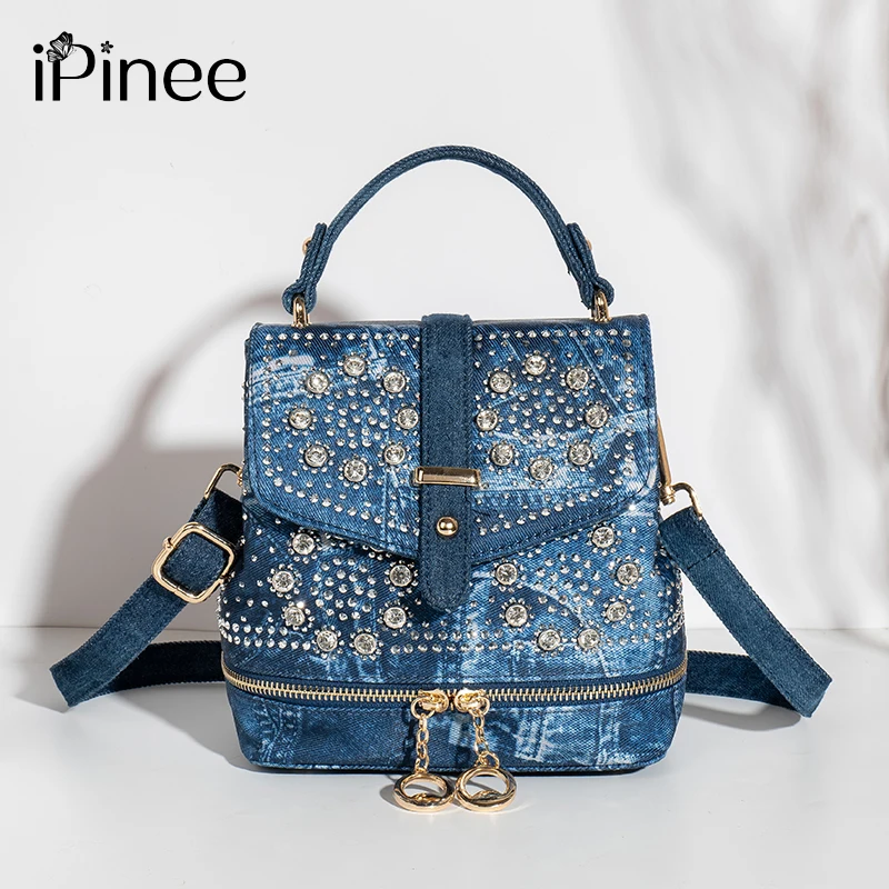 

iPinee niche new diamond-encrusted denim all-match backpack multi-functional portable one-shoulder personality fashion backpack