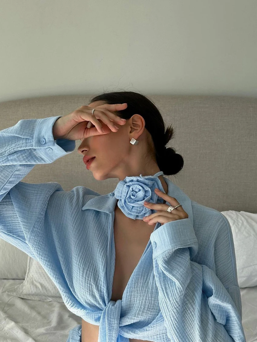 Marthaqiqi Cotton Women Sleepwear Suit Long Sleeve Pajamas Lace Up Nightie Turn-Down Collar Nightwear Shorts Casual Home Clothes