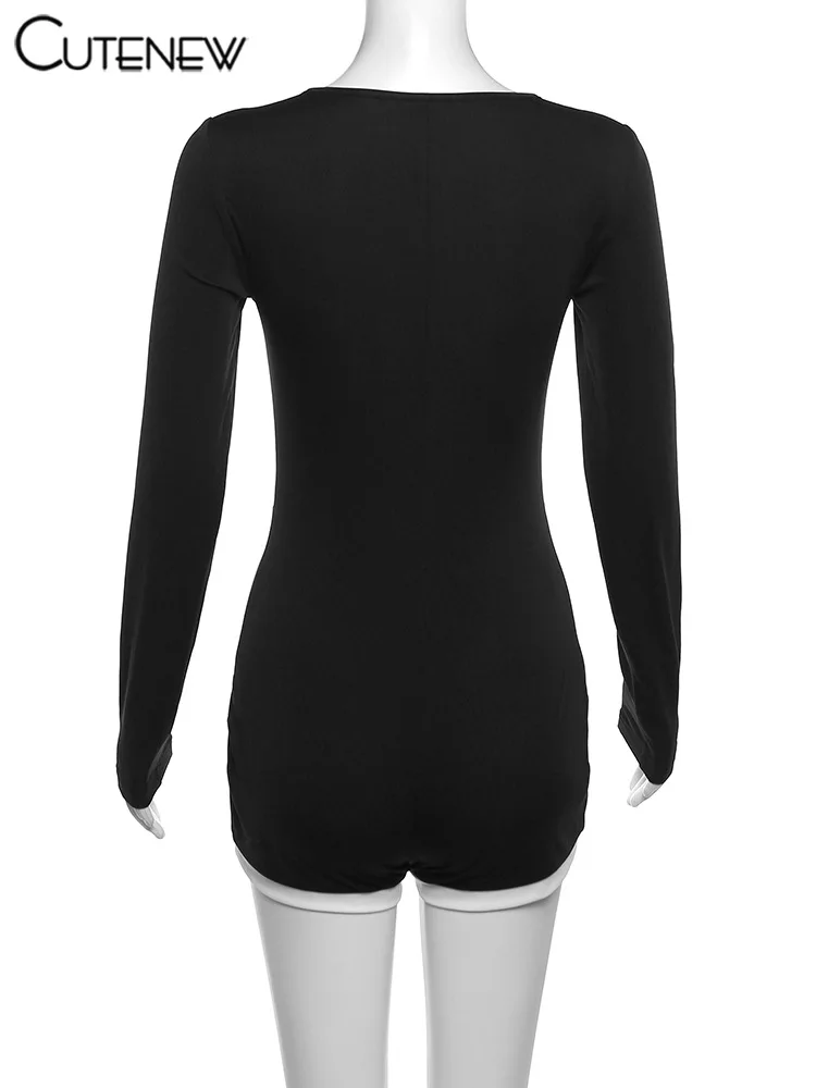 Women Hollow Out Playsuits Long Sleeve Square-Collar Patchwork One-piece Shorts Rompers Casual Sexy Streetwear Outfit
