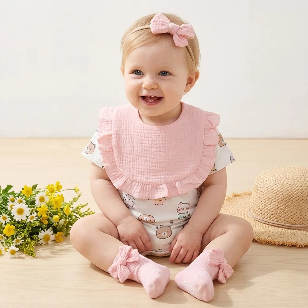  헤어밴드, 턱받이, 양말 3종 세트 - 해외 직구 순면, A급 천문골 보호  세트..