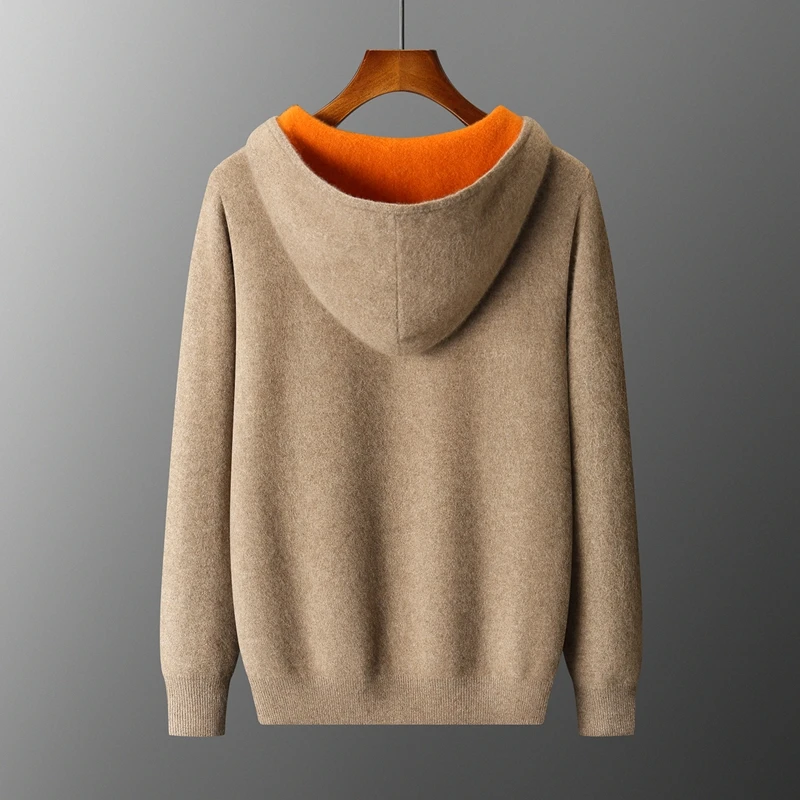 New Men's 100%Merino Wool Double sided wearable Hooded Sweater Casual Autumn Winter Coat Long Sleeved Men's Wool Sweater Tops - 2