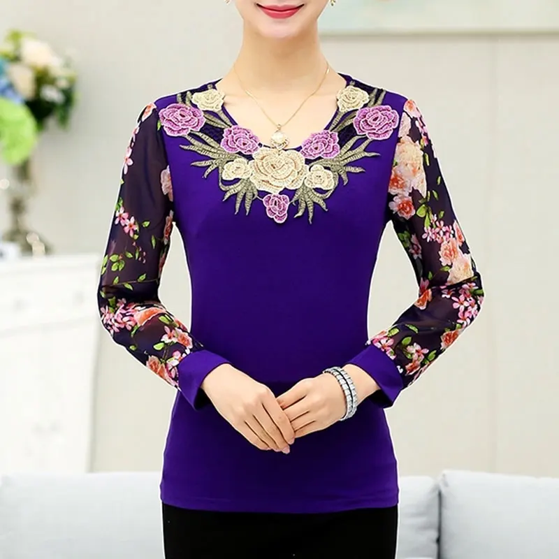 Vintage Floral Embroidered Long Sleeve Blouse - Women's Casual Spring/Autumn O-Neck Shirt