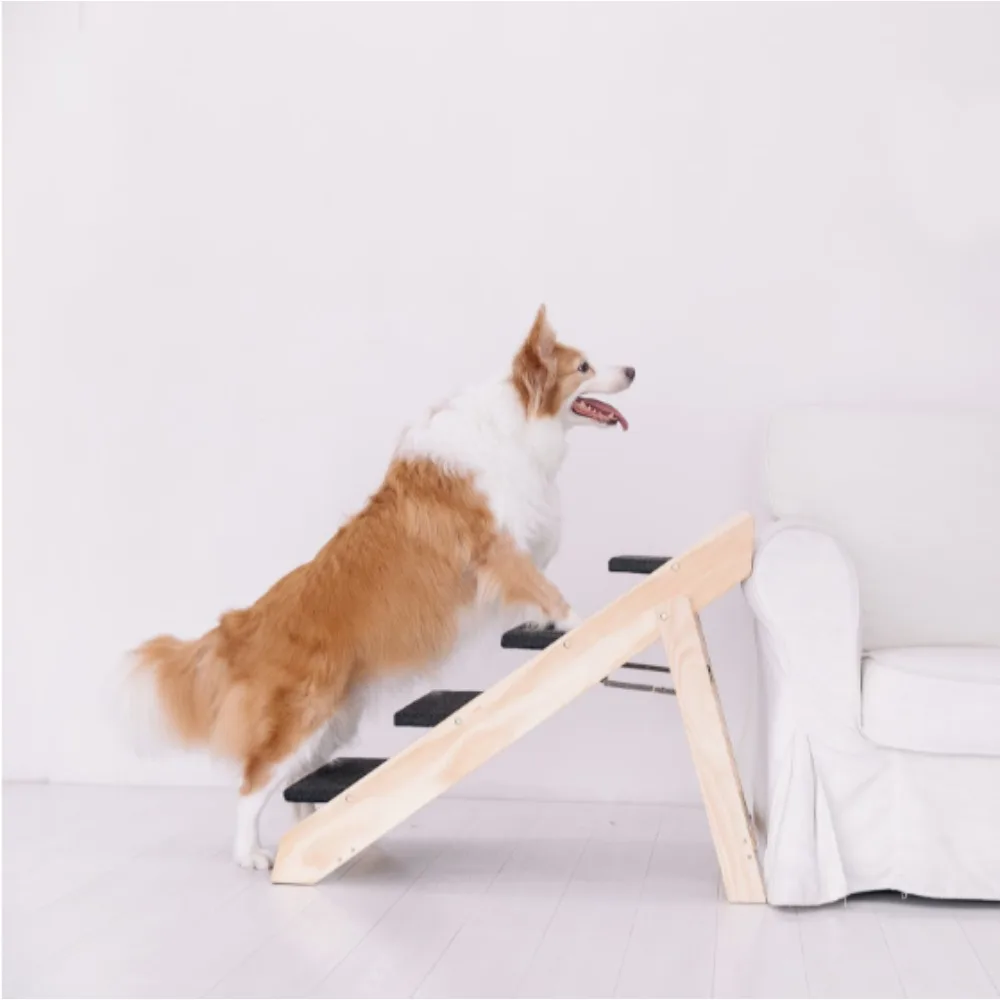Wooden Foldable 4-storey Pet Ramp Stairs Dog/Cat Ramp Ladder Training Stairs for Bed