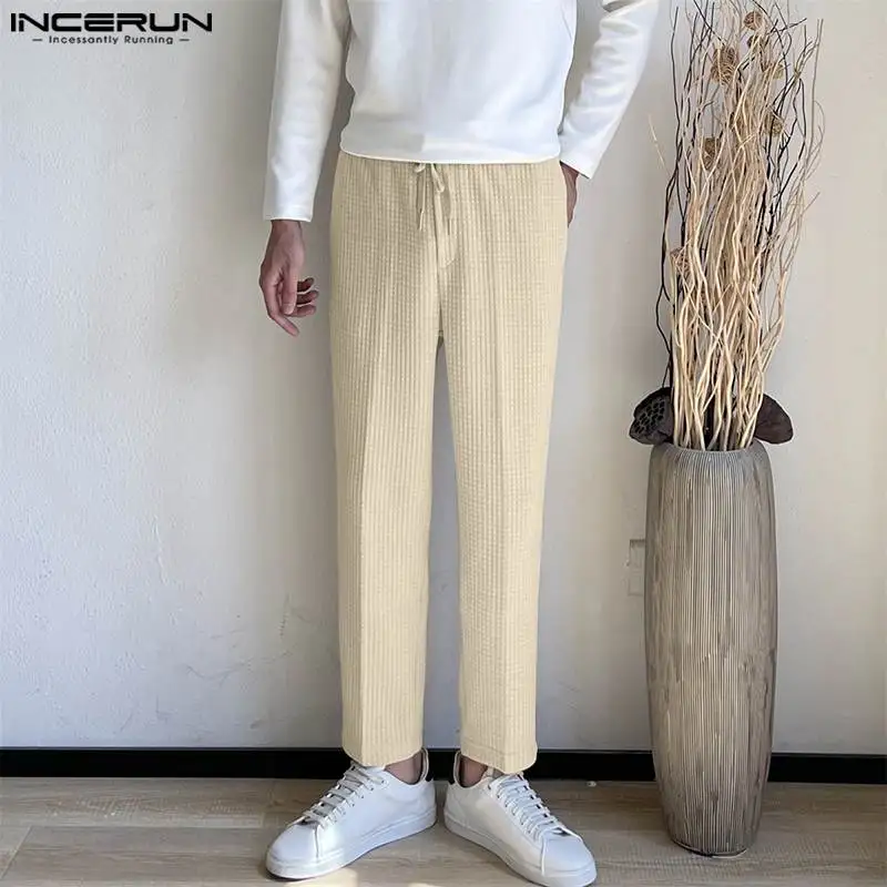 

INCERUN Men Pants Solid Color Drawstring Joggers Korean Style Casual Straight Trousers Men Streetwear 2024 Fashion Long Pants