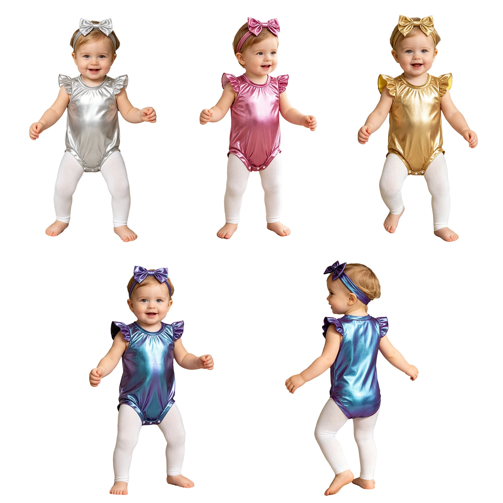 Abbigliamento per neonate, abiti per feste di compleanno, abiti per fotografia, maniche arricciate, tutina metallizzata lucida con fascia per capelli con fiocco, 0-24 mesi - immagine 5