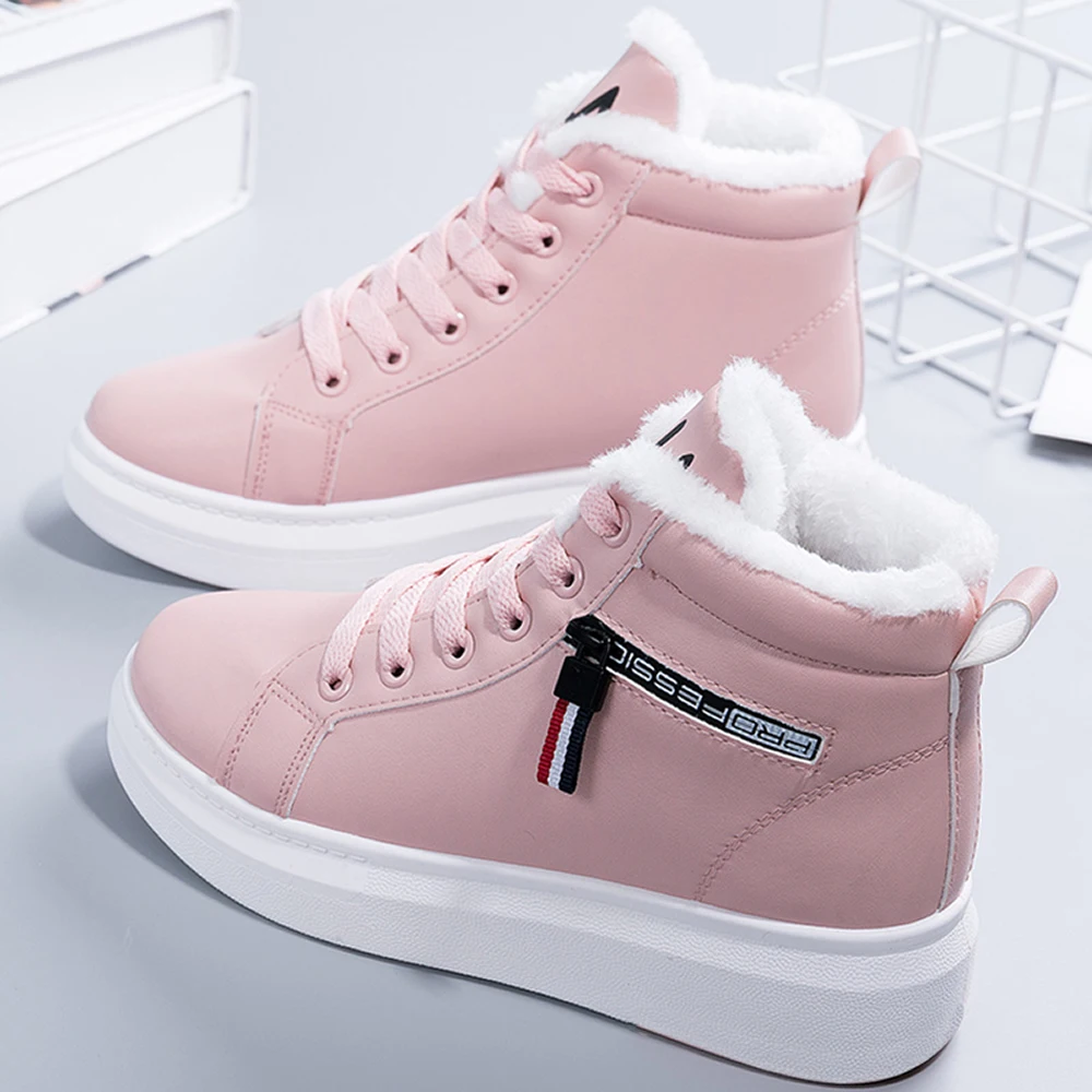 

High top cotton shoes women 2023 winter Korean version of leather plus fleece warm flat female students sports board shoes tide