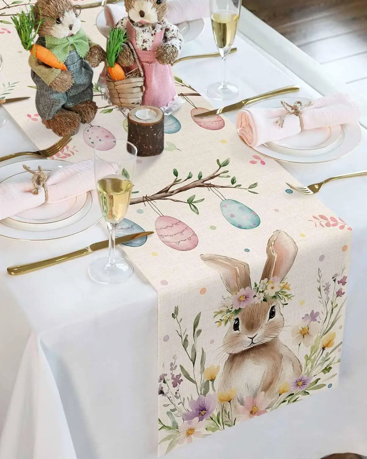 Spring Easter Bunny Eggs Flowers Linen Table Runner Holiday Party Decor Rustic Floral Botanical Table Runners Easter Decorations 5