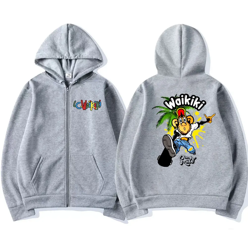 Lc Waikiki Monkey with A Skateboard Print Zip Up Hoodie Men Women Funny Monkey Graphic Zipper Sweatshirt Unisex Fashion Jacket