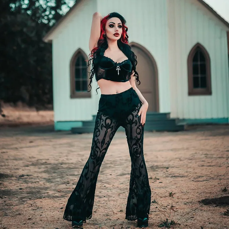 Women Sexy Club Lace Print Sheer Slim Flare Pants Spring Autumn 2024 High Waist Stretch Dark Style Hipster Trousers Streetwear