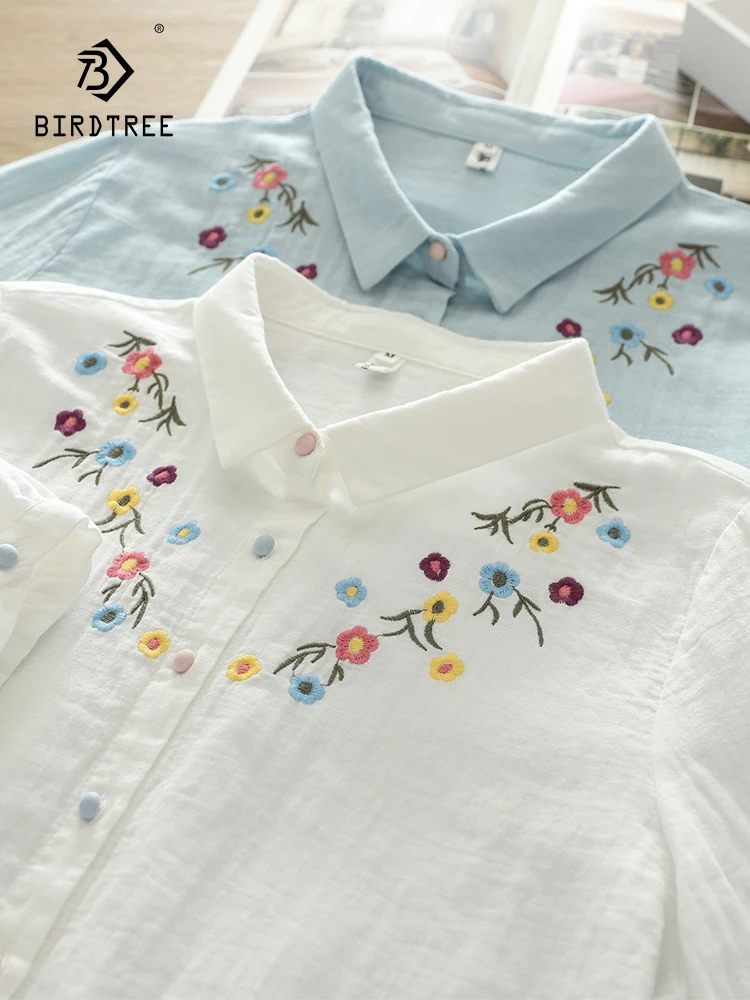 

Новые летние хлопковые рубашки с рукавом до локтя, топы с отворотом и цветочной вышивкой, Повседневная Свободная блузка для девушек в литературном стиле, осень 2024, T465106QC