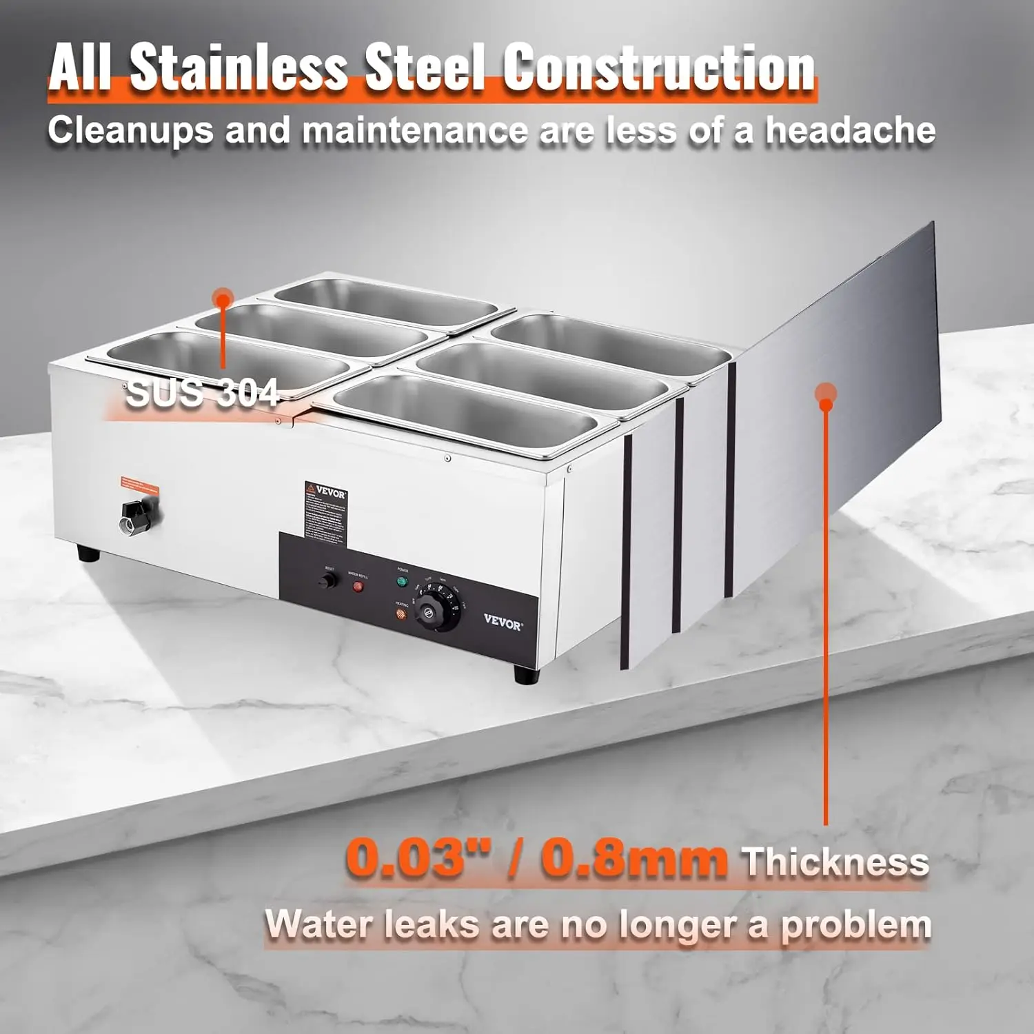 6-Pan Commercial Food Warmer, 6 x 8QT Electric Steam Table, 1500W Professional Countertop Stainless 5