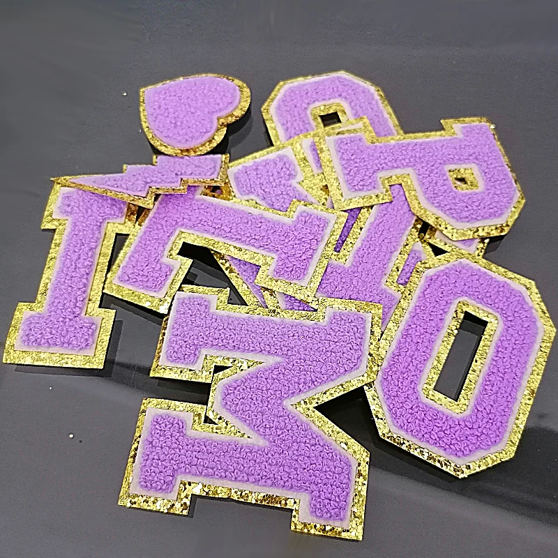 8cm Purple Chenille Letter Iron on Patches Varsity A-Z Glitter Letter Initial Patch Alphabet Applique Sewing Patches