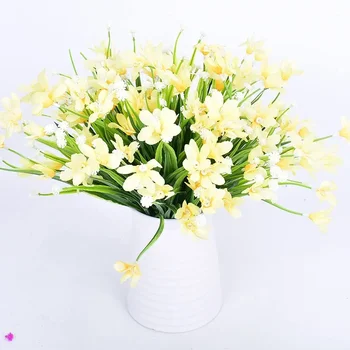8PCS Bundles Artificial Daffodils Flowers Greenery UV Resistant  Silk Cloth Plants for Wedding Bridle Bouquet Kitchen Office 6