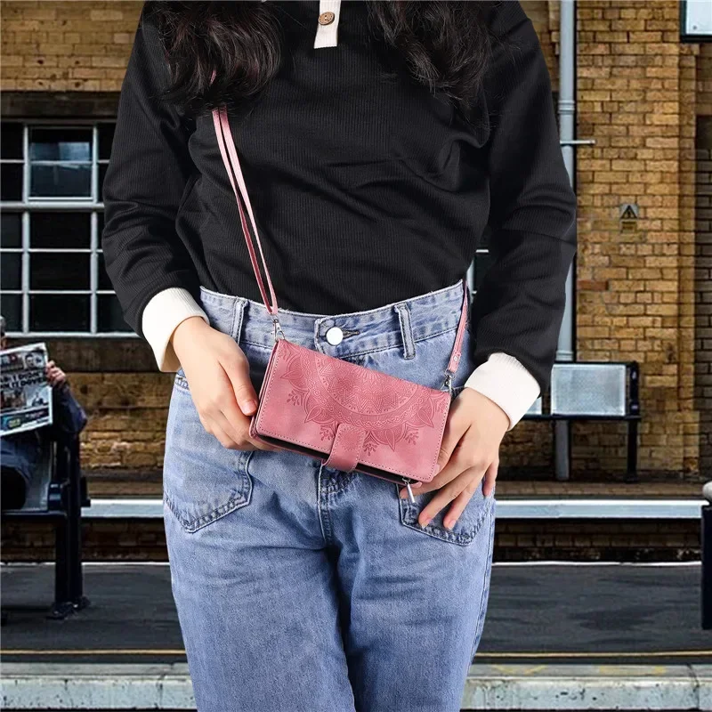 Luxurious Crossbody Leather Flip Case with Lanyard and Zipper Wallet Card Holder