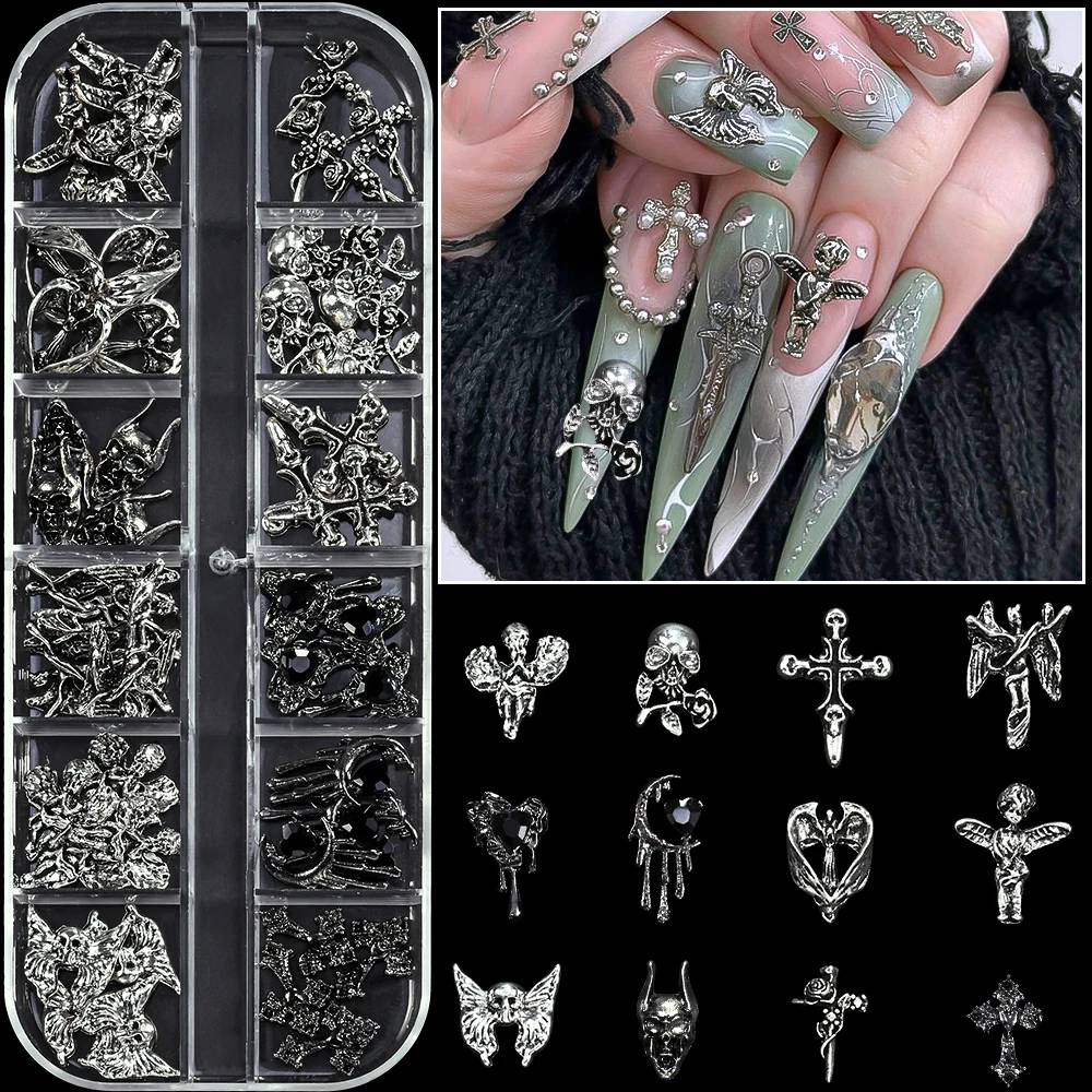 48/60pc Silber Schwarz Halloween Nagel Dekoration Retro Punk Legierung Kreuz Schädel Engel Y2k Nagel Charms DIY Gothic metall Nagel Liefert – Detail 9