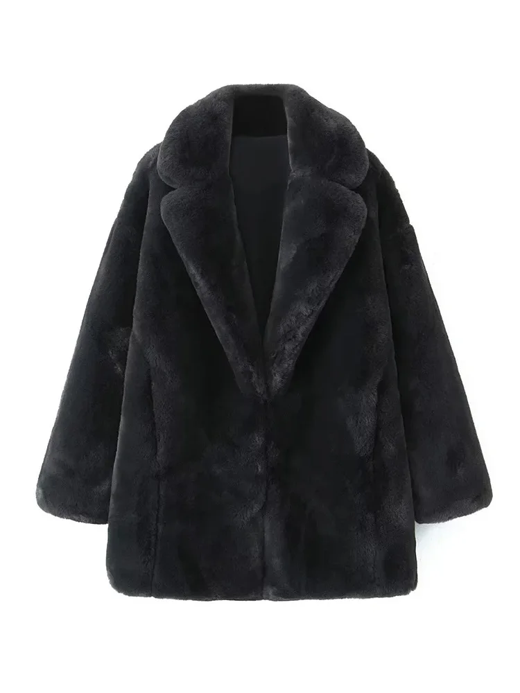 

HH TRAF Winter Women's Thicken Warm Faux Fur Loose Coat Open Front Lapel Long Sleeve Overcoat Pockets Female Fashion Plush Coat