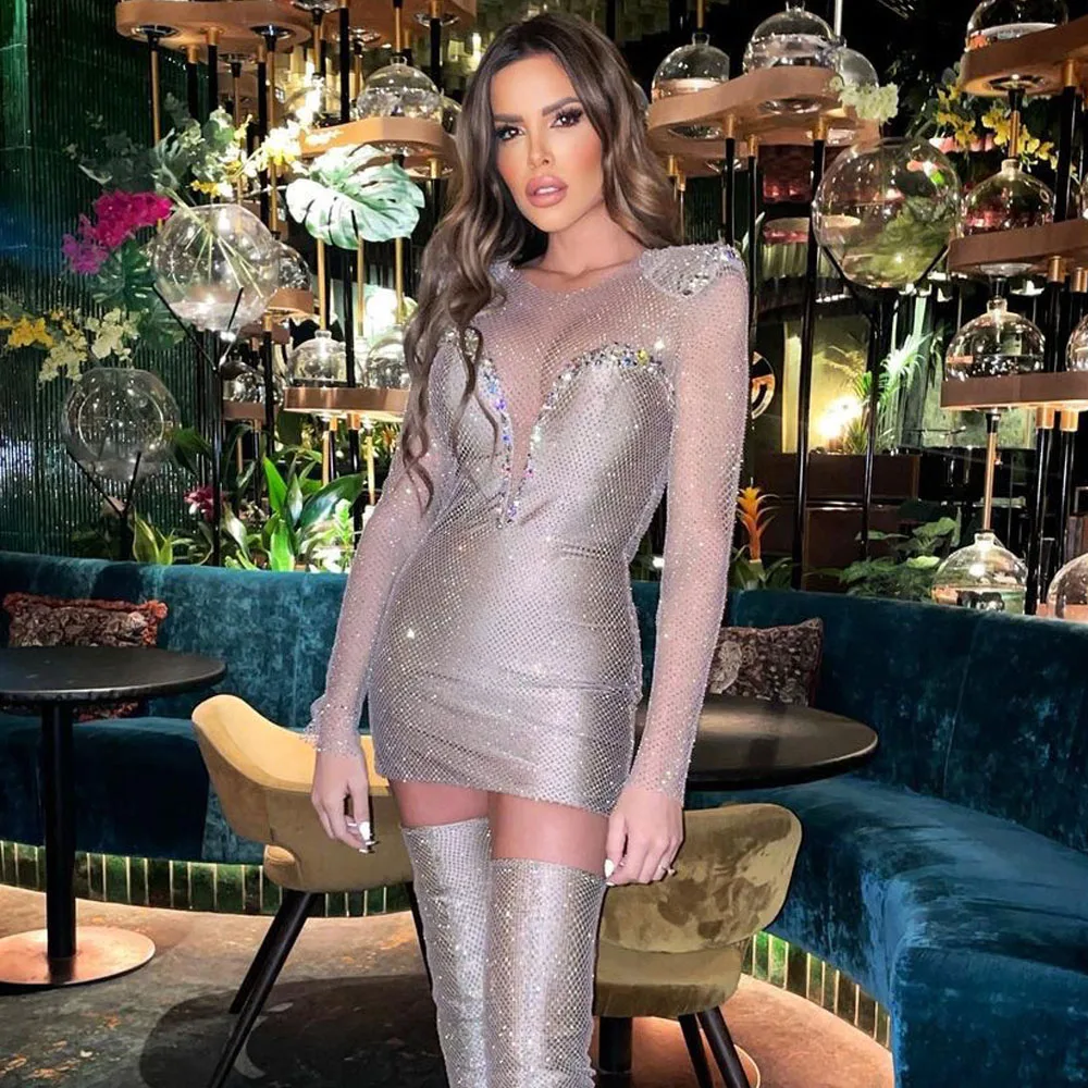 

Ladies Evening Party Dress Sexy O Neck Hollow Out Long Sleeve Mini Bodycon Diamonds Design Elegant Wedding Birthday Dress Vestid