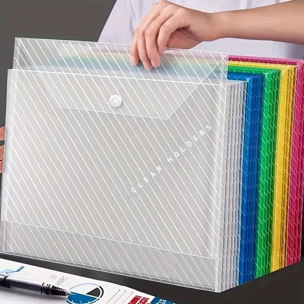 

Random color transparent folder with buckle, 5 colors, A4 size file envelope, office supplies, 12.6x9.06 inches