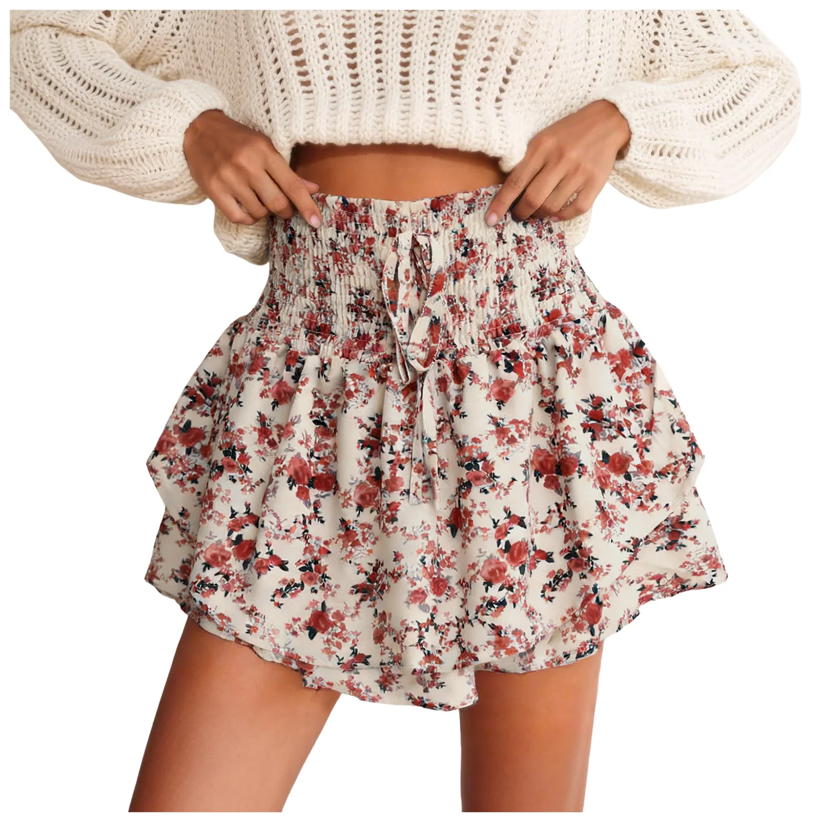 Women's Casual Floral Print Shorts Skirt 2026 Summer High Waist Pleated Mini Skirts Boho Ruffle Faldas A Line Sweet Outfits 2