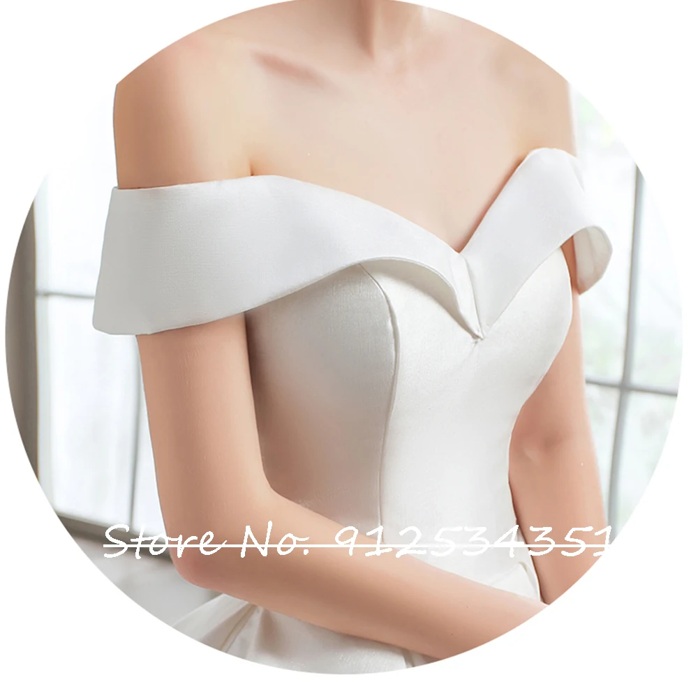 Wedding Dress Trapel Train Satin Gorgeous Hochzeitskleid Lace Up Back Off the Shoulder Vestidos Novia V-Neck Fashion Brautkleid