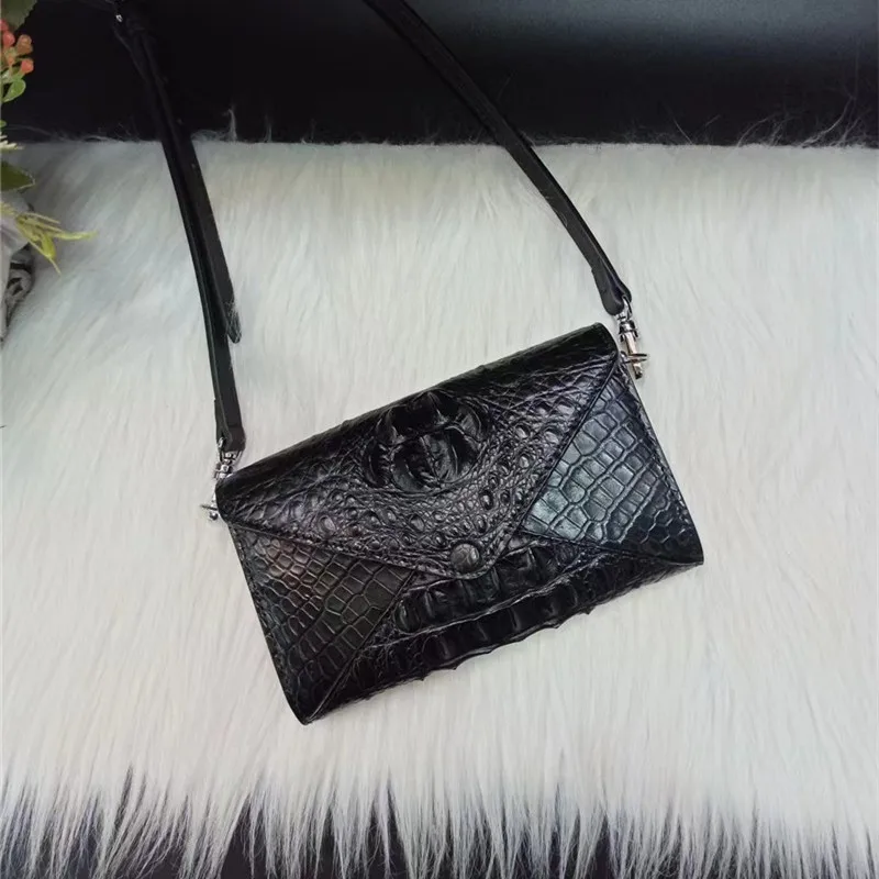 

Authentic Alligator Leather Women's Mini Black Envelop Clutch Lady Flap Purse Genuine Crocodile Skin Female Small Shoulder Bag