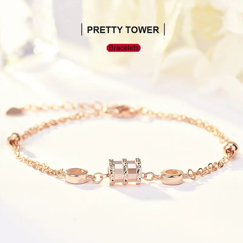 

925 Pure Silver Plated 18K Gold Pretty Tower Bracelets for Women South Korea Simple Rose Gold Bracelet Fine Luxury Jewelry Gift