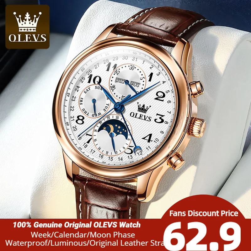 

OLEVS Genuine Automatic Watch for Men Moon Phase Week Calendar Leather Strap Waterproof Luminous Men's Mechanical Wristwatches