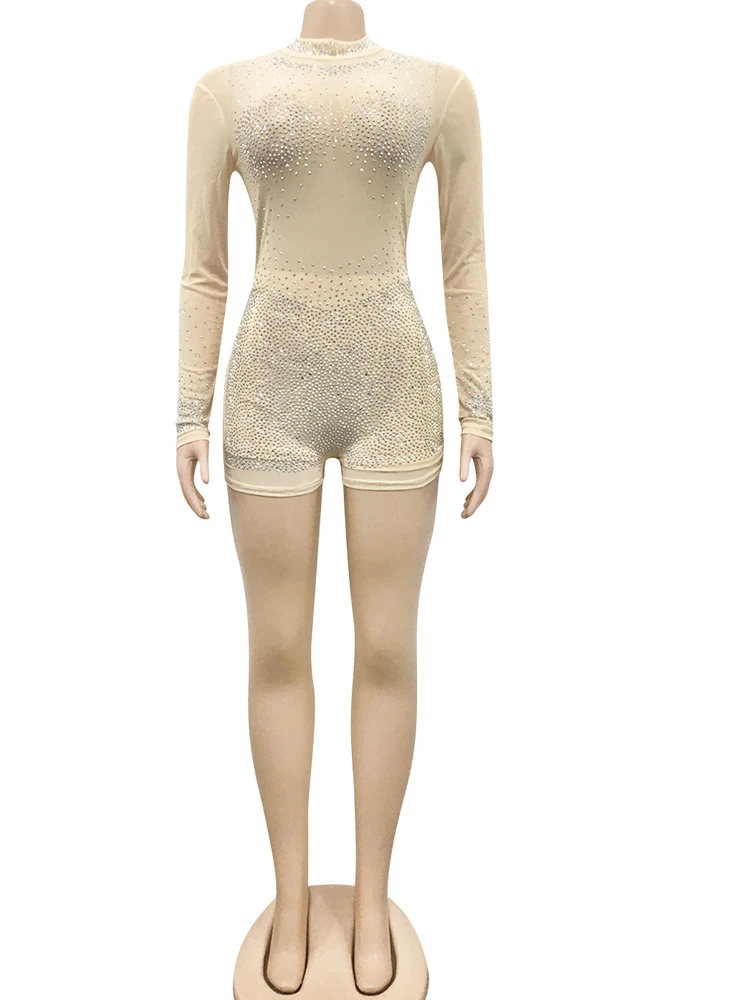 Beyprern New Chic See Through Crystal Romper Summer Sheer