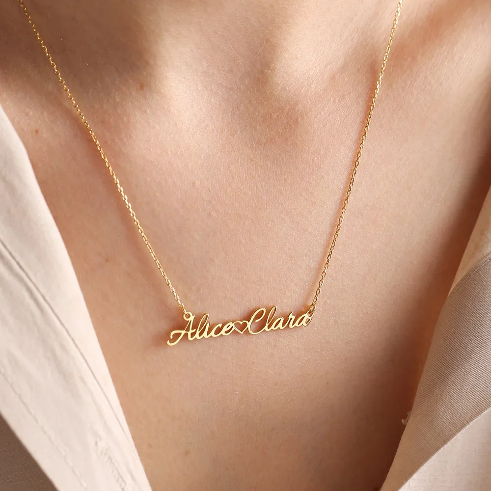 Custom Stainless Steel Two Name Necklace Personalized Heart Nameplate Pendant Neck Chain Fashion Christmas Gifts for Men  Women