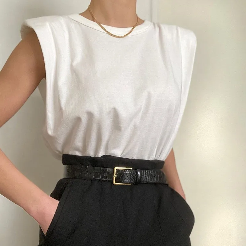 

2024 Summer Women's Round Neckline with A Few Cotton Sleeveless Fashion Street Pats Casual Shoulder Pads of High Quality T-Shirt