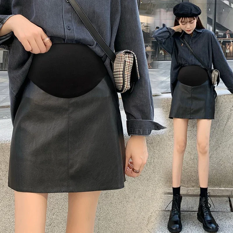 Pretty Maternity Autumn Skirts Vintage High Waist Pregnant Woman Slim Belly Skirts Elegant Pregnancy A-line Pu Leather Skirt