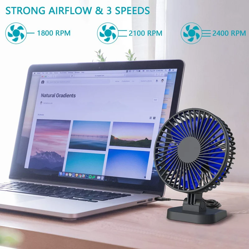 USB Desk Fan Small Quiet Portable Fan for Desktop Office Table 40&deg; Adjustment 3 Speeds Cord