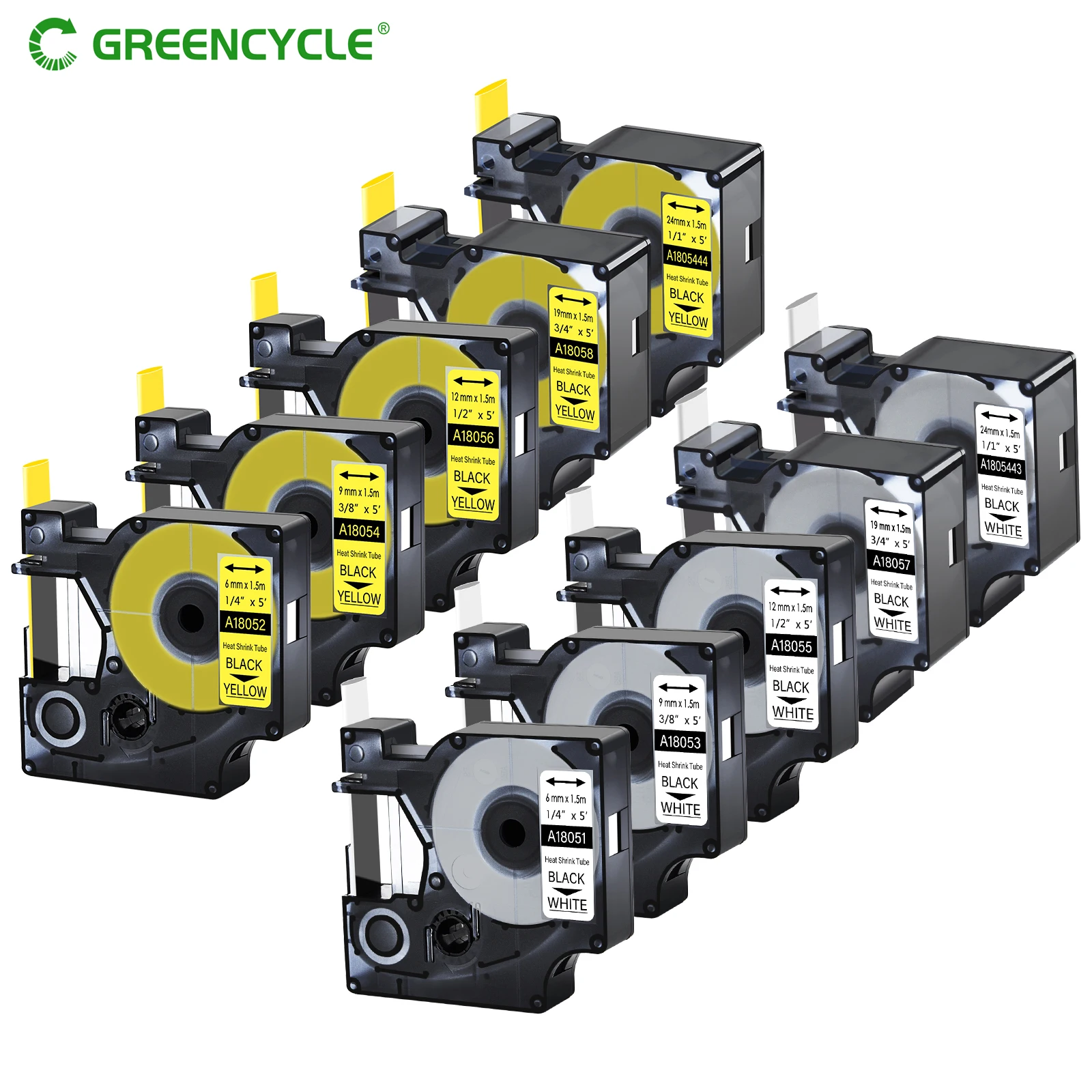 Dymo RHINO 라벨 메이커용 열 수축 튜브 테이프, 18051 18052 18053 18054 18055 18056, 6-24mm, 블랙, 화이..