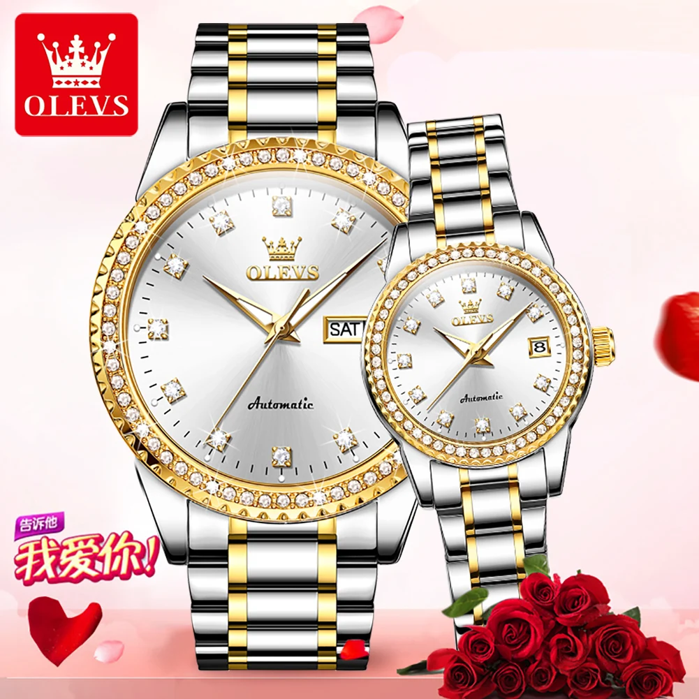 OLEVS 7003 automatický mechanická manželé hodinky muži ženy luxusní káča diamant lůno nerez ocel vodotěsný lover's náramkové hodinky nastaví