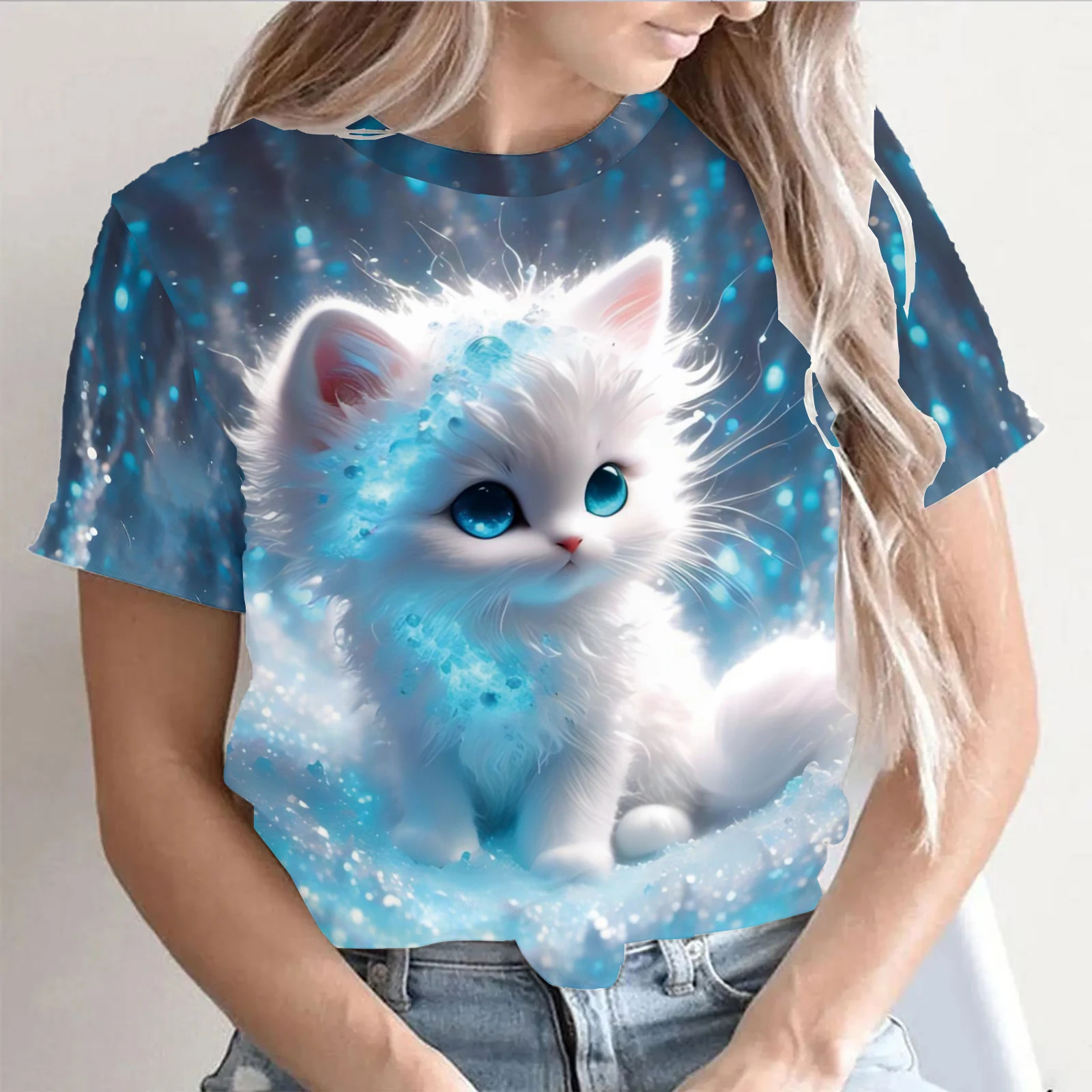 

Fashion Womens T-shirt 3D Kawaii Cat Print Tees Tops 2024 New Harujuku Animal Short Sleeve T Shirt Oversized Loose Woman Clothes