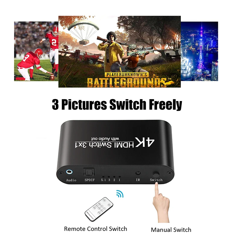 HDMI Switch 4K HDMI Switcher 3x1 3 to 1 1080P HDMI TO Audio Extractor with Remote Audio SPDIF Out for TV PC Projector Camera