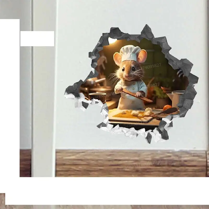 3D Broken Wall Cute Chef Mouse Hole Wall Sticker Living Room Edge Home Decoration For Kids Bedroom Wallpaper Mouse Decals