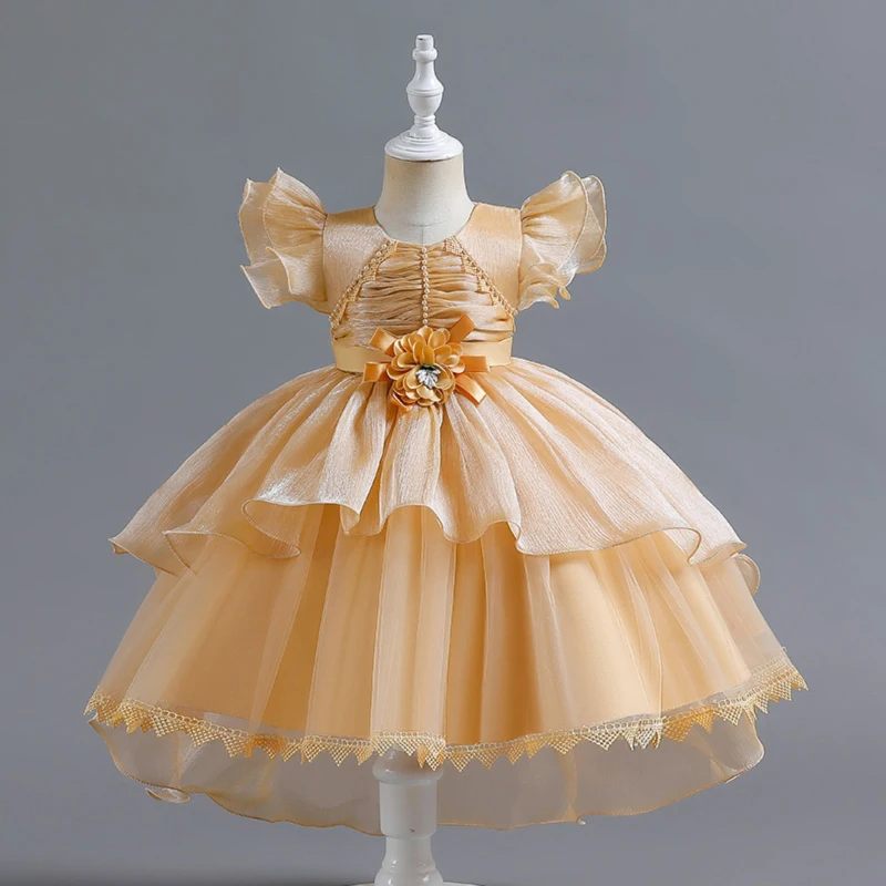 

Children Exquisite Assymetrical Ball Gown Ruffles Chiffon Tiered Performance Dress Beading Appliques Bow Evening Dresses