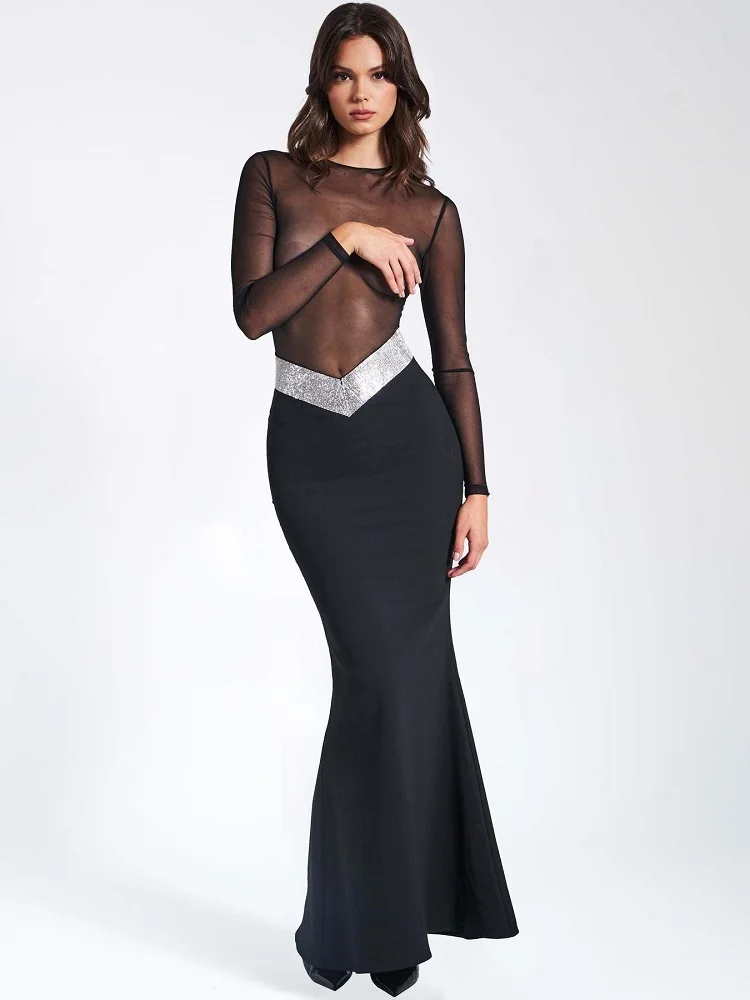 

New Luxury Sexy See-through Long Sleeve Black Gauze Patchwork Bandage Dress Fashion Beading Slim Wrapping Hip Bandage Dress