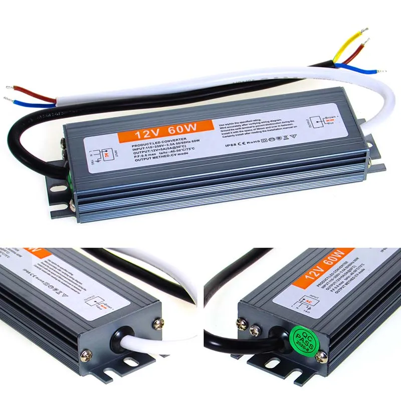 Transformador de iluminação impermeável, adaptador de alimentação, IP67 ~ IP68 ao ar livre, AC 110V-220V para DC 12V 24V, 10W 20W 30W 50W 100W 150W 200W