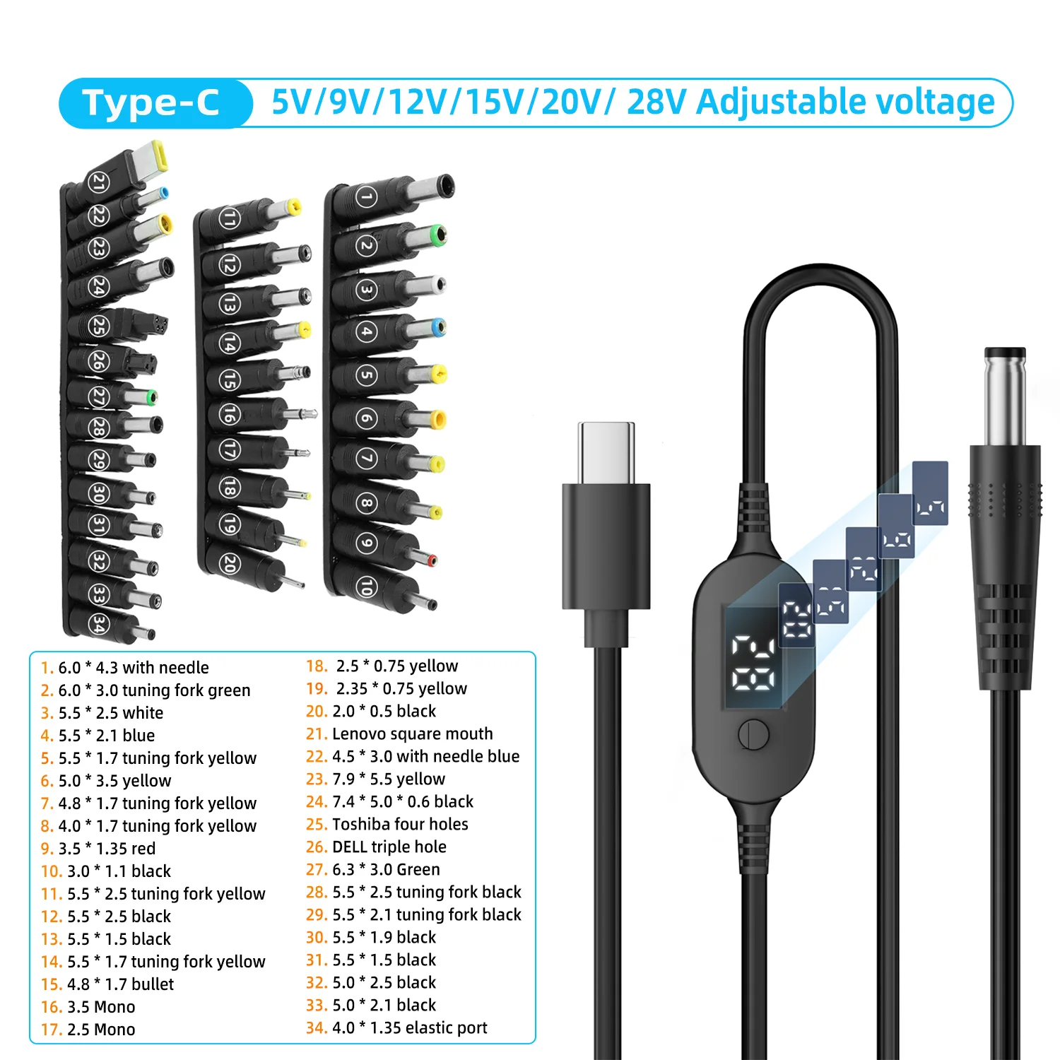 ตัวเลือกสินค้า สายแปลงไฟ USB-C ปรับแรงดันได้ 140W สำหรับแล็ปท็อปและอุปกรณ์อิเล็กทรอนิกส์