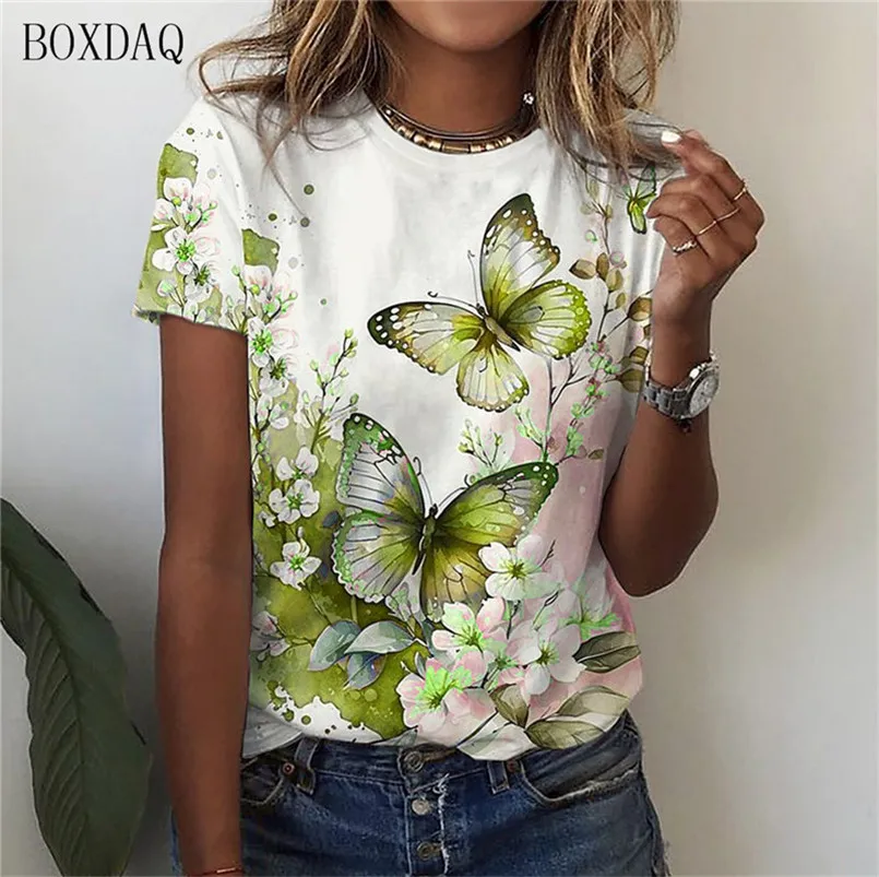 Damen T-Shirt Mit Schmetterling Print - Baumwolle Leinen Mischung Sommer Top
