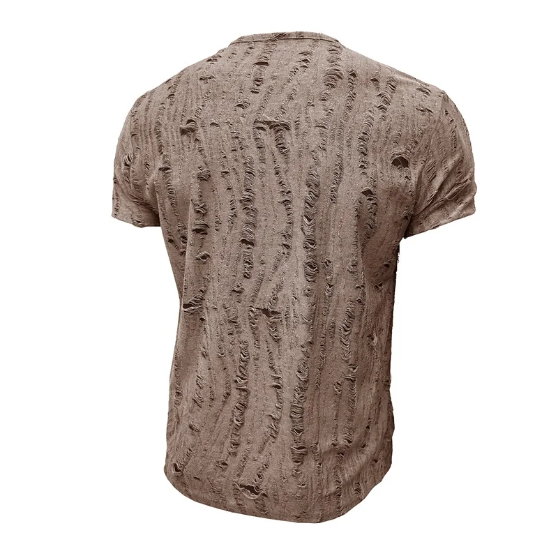 Men s  Fit Short Sleeve T-Shirts with Ripped Detailing Round Neckline Button Accents and Casual Summer Fashion Tops